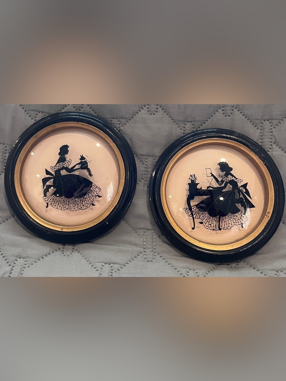 Vintage Reverse Painted Silhouette Pair – Convex Bubble Glass Wall Art Set